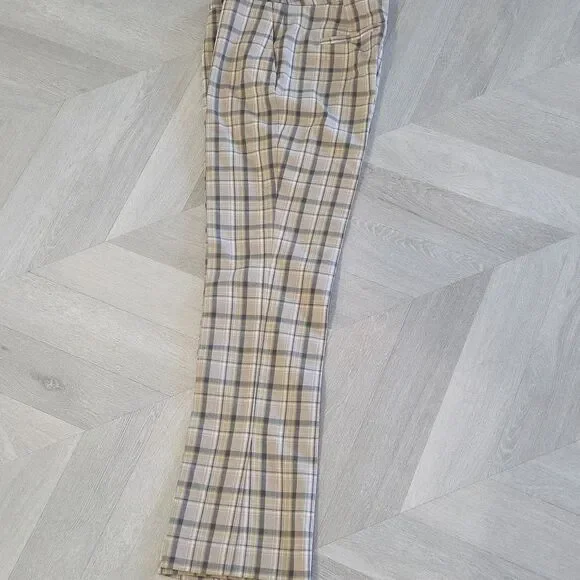 Zara Tartan Plaid Pants Womens L Tan Check Trousers Side Vents Leg Slit Academia - Picture 2 of 9
